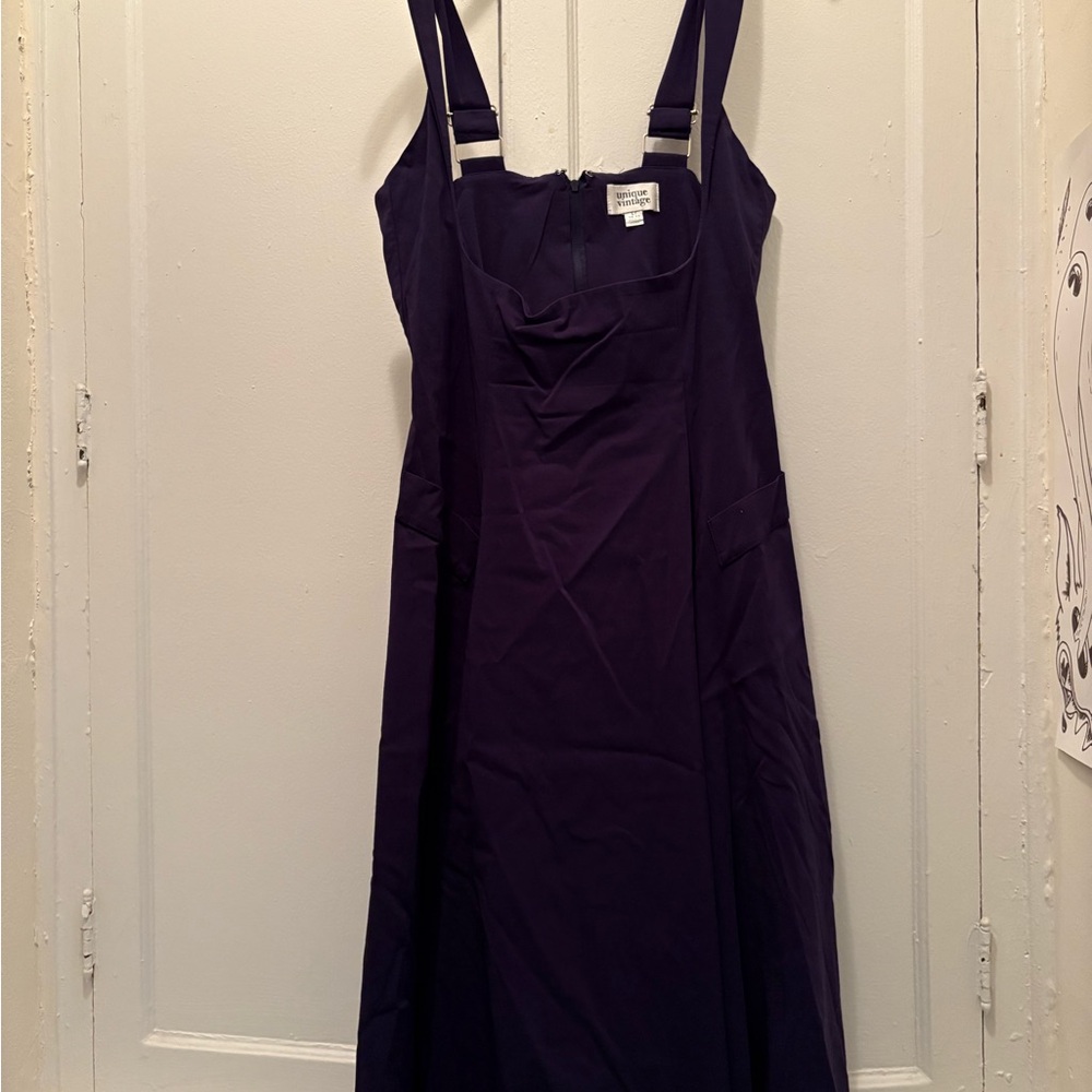 Unique Vintage navy blue suspender skirt in Large